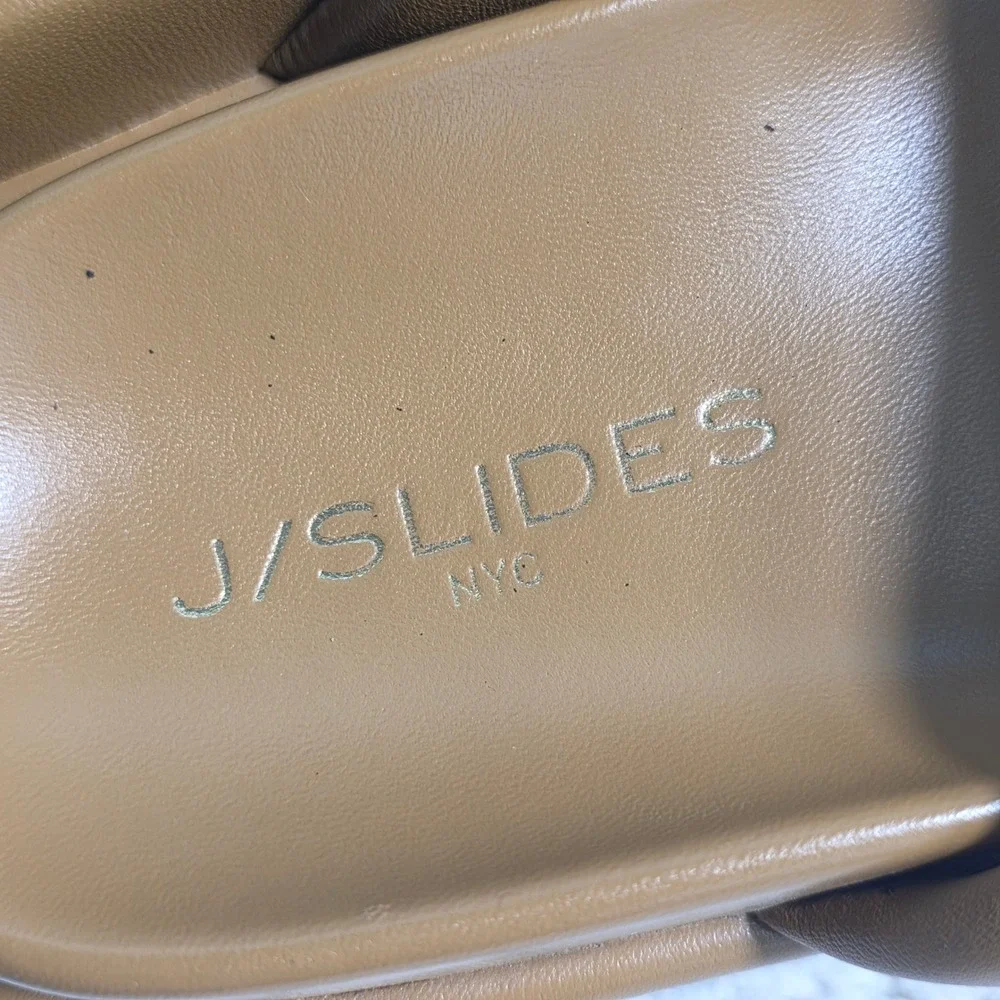 J/Slides Platform Slide Sandals Tan Padded Leather Gold Accent Women 8 Excellent